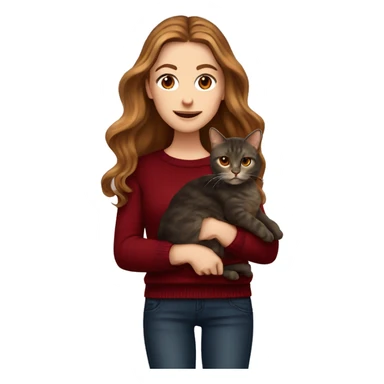 White girl with brown long wavy hair holding a tortoiseshell cat and wearing a dark red sweater with dark jeans sticker