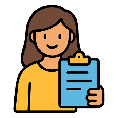 female character holding a clipboard, smiling, color outline icon style sticker