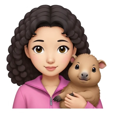 Perempuan muda asia berambut hitam medium dan agak curly,mata berwarna hitam, pakai baju warna pink dan menggendong capybara kecil sambil mengedipkan mata sticker