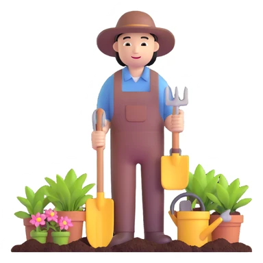 Asian gardener named Yong with gardening tools sticker