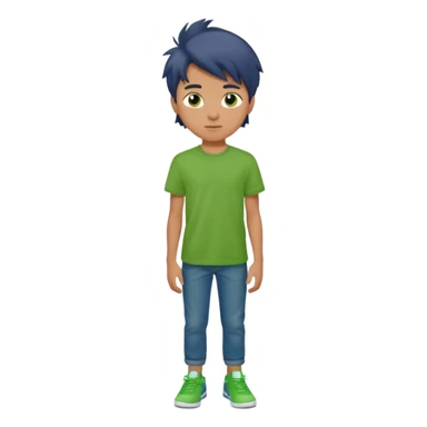 A 14 yerar old teenage boy, slightly tanned, wearing a green tshirt, blue jeans and green sneakers with brown tousled hair sticker