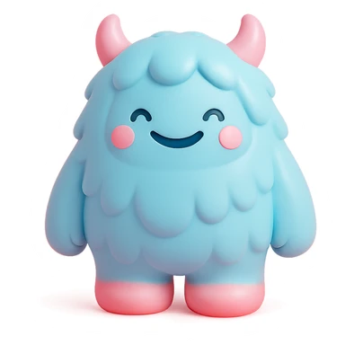 fluffy monster with long fur, tiny horns, cheerful expression, light blue and pink colors sticker