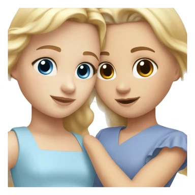 girl with blonde hair and blue eyes in a light blue dress, holding hands with a girl with brown hair and brown eyes in a periwinkle dress sticker