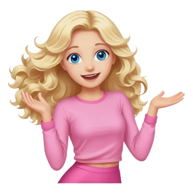Pretty Blonde with long hair model, blue eyes In pink clothes soft wavy hair, super excited and happy dance sticker