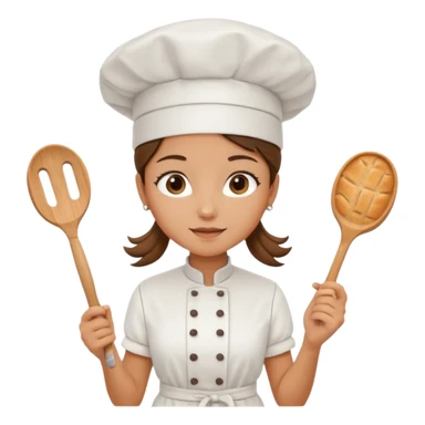 Young female baker - white chef hat, framing white cream pattern on bread sticker