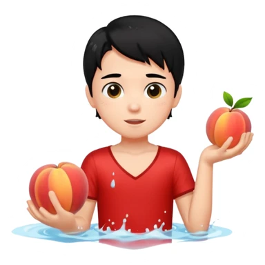 a peach splashing water in boy's mouth above his with black hair and red dress sticker
