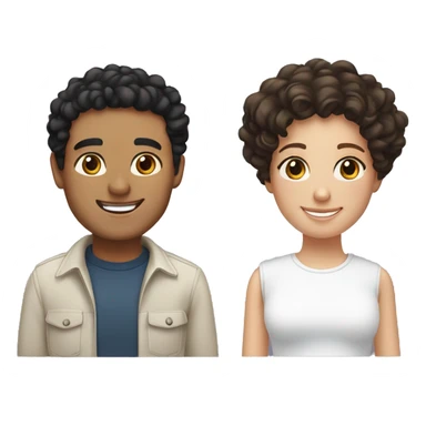 Hispanic male with black curly hair and brown eyes smiling next to white female with straight brown hair and hazel eyes sticker