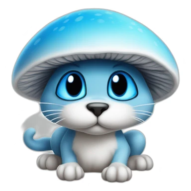 Old Blue smurf cat face with black eyes wearing a large white mushroom on his head sticker