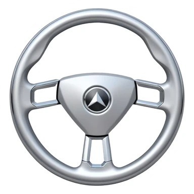 A futuristic steering wheel emoji made of silver chrome, minimal geometric design, smooth metallic surface, soft reflections, iOS emoji style, centered, clean white background sticker
