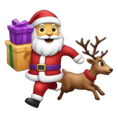 Santa Claus dressed in purple running with the reindeer to deliver the presents sticker