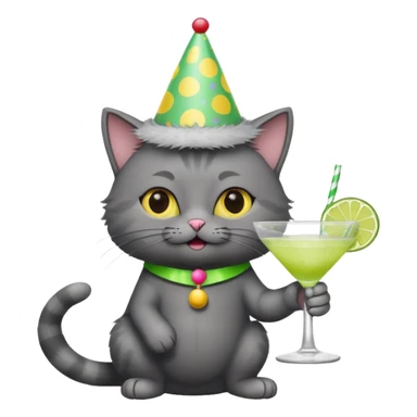 A dark grey cat is wearing a party hat, and drinking a margarita. sticker