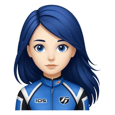 dark blue long hair woman with black racing outfit with blue strips sticker
