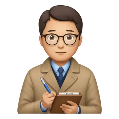 Middle-aged asian male vet – glasses, coat, writing notes on clipboard. sticker