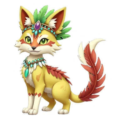 Kawaii cute reddish orangish yellowish greenish purplish exotic tribal beautiful pretty elegant divine edgy feline-vernid-sergal-Fakémon-Pokémon-Digimon-fursona-animal-creature with bracelet, necklace, full body, with intricate detailed markings, feather headdress  sticker