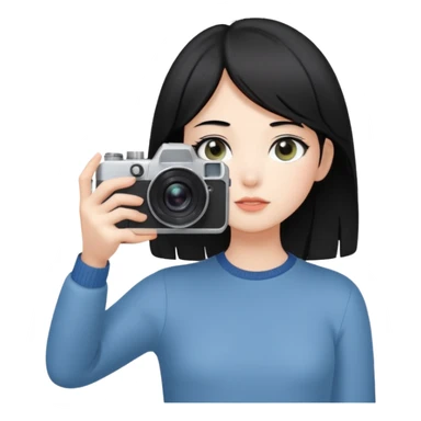 A young fair-skinned girl with o black hair holding a camera up to her eye, looking through the viewfinder, standing in natural light, soft focus background, candid photography style, wearing a minimalist outfit, artistic and modern atmosphere. With four fingers sticker
