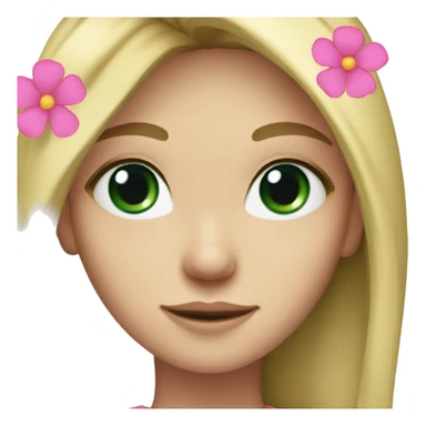 Young woman, long blond straight hair, dark green eyes and a pink flower in her hair  sticker