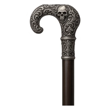 ornate cane in aristocrat goth style, silver handle, dark wood, intricate details sticker