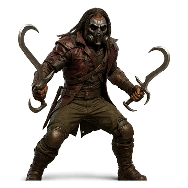 Kabal from Mortal Kombat, masked fighter with dual hookswords, menacing pose, detailed costume, video game character sticker