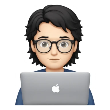 guy with wavy black hair and skin tone a little bit white and glasses, with a macbook sticker