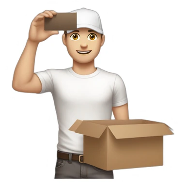 Pale skinned fit Man with dark brown hair in a light gray cap, dark brown jeans, brown polo and white T-shirt keeping a pasted with tape white box into his hands sticker