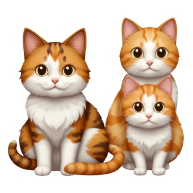 3 different coloured small cats including a dark brown tabby and white, and a patchy calico, and a ginger and white sticker