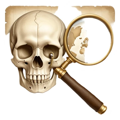 An icon featuring a human skull and fossils, representing anthropology. The design includes a magnifying glass and a map of ancient human migration paths, symbolizing the study of human evolution and cultures. Transparent background highlights the scientific exploration of humanity’s past. sticker