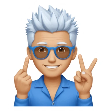 young man wearing, blue sunglasses, spikey white hair, one hand two finger crossed sticker