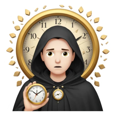 Character standing calm while clock fragments explode past, cloak barely moving sticker