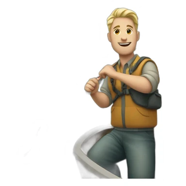 White man on a boat heading right with a fishing rod with a huge hook sticker