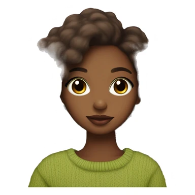 Dark brown girl, brown eyes, brown skin, long lashes, big rosé lips, matcha green sweater, holding parakeet in arms sticker