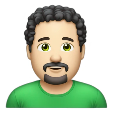 chubby Caucasian man, looking 42 years old, short black curly hair, green eyes, black goatee around the mouth meeting the beard in the shape of a rounded rectangle, medium lips, smiling sticker