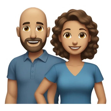 Brown-haired Puerto Rican woman with dark brown eyes wearing a cute blue blouse giving comforting hug to short, bald man with brown eyes, laugh lines, and a beard sticker