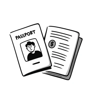 Hand-drawn travel visa application and passport sticker