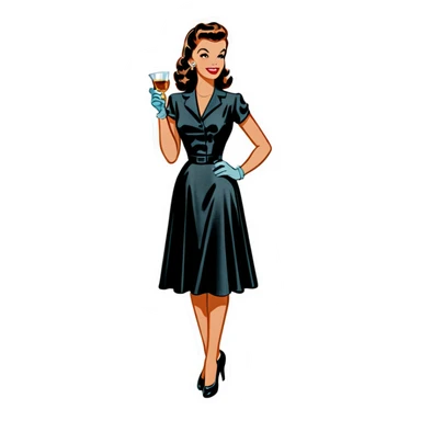 Beautiful woman in 1950’s woman fashion look, black shimmery dress, long dark brown hair, whisky with ice sticker