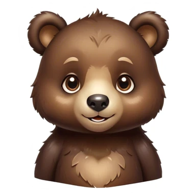 Cinematic Cute bear cub Portrait Emoji, Head tilted playfully and inquisitively, featuring a glossy dark brown fur with a natural sheen and round, sparkling eyes filled with gentle curiosity, Simplified yet irresistibly adorable features, highly detailed, glowing with a warm, friendly glow, high shine, affectionate and mighty, stylized with a touch of woodland whimsy, bright and endearing, soft glowing outline, capturing the essence of a mischievous yet loving bear cub, so playful it feels like it could amble out of the screen and into your arms! sticker