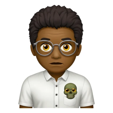 Um garoto zombie de cabelo castanho escuro, quase preto, com um cabelo médio, com olhos castanhos esverdeados, de camisa branca, com óculos redondo sticker