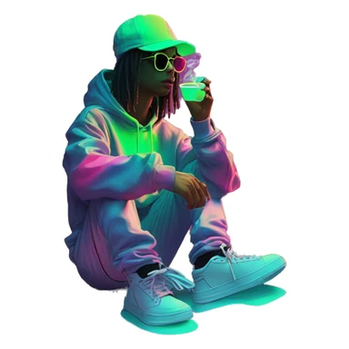 Multicoloured neon person smoking wearing hoodie dancing hip hop bucket hat tropical Skater fashion aesthetic baggy clothes graphic t shirt 420 sticker