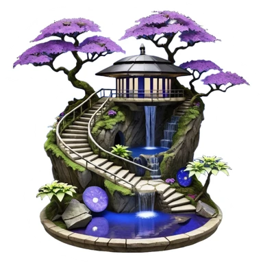 Crashed Alien saucer poolhouse jungle winding narrow stairway fountain lakeside mountainside -island getaway nighttime landscape antique mudman very old broken cracked intricate Stone Age lapis-crusted irregular dodecagon-shaped shallow dark moss rough bark violet serissa flowered maple tree bonsai sticker