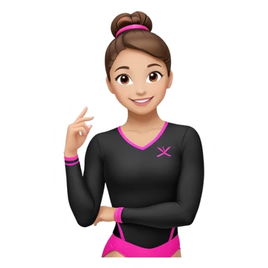 Happy female gymnast with brown hair in a neat bun, wearing a black uniform with neon pink elements. sticker