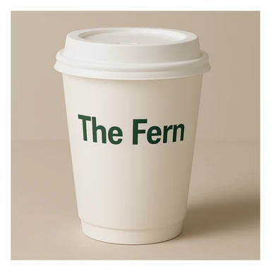 Make the white coffee cup a to-go cup with a lid, keep 'The Fern' in a friendly, modern font, minimal and clean style. sticker