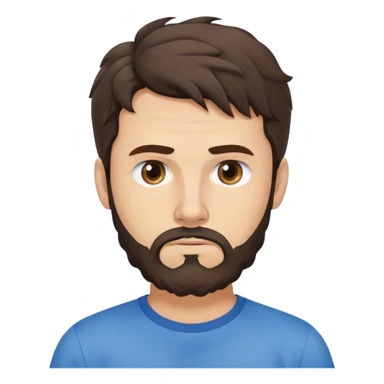 Caucasian Argentine man with wavy dark brown hair, longer loose hairstyle with wavy bangs, short full beard, serious-neutral expression, basic blue t-shirt sticker