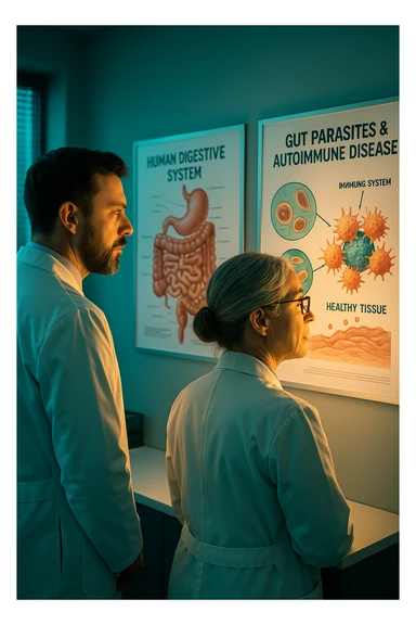 In italiano Realistic, detailed photo taken from behind of two doctors—a bearded man and a middle-aged woman—standing side by side in a modern medical office, intently studying a large, illuminated medical chart on the wall. The chart displays a detailed diagram of the human digestive system, highlighting the intestines and showing microscopic images of intestinal parasites. Next to it, another chart illustrates the immune system attacking healthy tissues, visually connecting gut parasites to autoimmune disease mechanisms. The room is bathed in a single green-blue color, with a warm, yellow-orange light casting soft shadows around the doctors. Both wear white coats and have serious, focused expressions, suggesting a deep discussion about the root causes of autoimmune conditions. Shot with a Canon EOS R5, with high detail, natural depth of field, and a clinical yet dramatic atmosphere. sticker