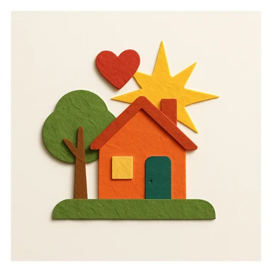 small charming house with a tree, green grass, heart above the roof, golden star shining behind, paper craft style, representing local pride and community rewards sticker