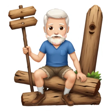 A white haired man with a beard sitting on a piece of wood wearing shorts sticker