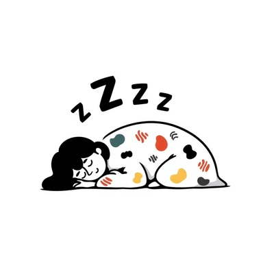 A cute curled-up sleeping person under a colorful blanket with peaceful smile and soft Z's floating. Cozy feeling with gentle pastel colors. Hand-drawn doodle style. sticker
