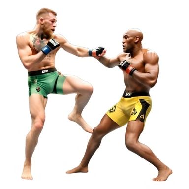 An MMA showdown between Conor McGregor and Anderson Silva in the octagon. McGregor is executing a powerful jumping strike, while Silva is expertly blocking the attack with his forearm. The background features the UFC octagon, fans in the distance, and dynamic action. Transparent background sticker