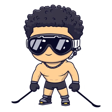 shirtless male athlete with white skin and moderately curly black hair on top with shaved sides, wearing black ski goggles with very dark heavily tinted black lenses that completely hide the eyes, and a simple plain black chain necklace, no earrings sticker