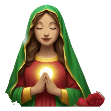Virgin Mary: kind face looking down at the left, long brown hair, Wearing an emerald green  robe with gold stars and a burgundy red dress,  Hands in prayer or blessing. Halo around her head. standing in front of a big sun. colorful roses on the sides  sticker