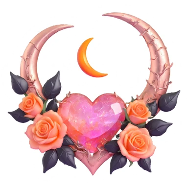 gothic heart made of rose gold glass, silver crescent moon, blush pink roses, holographic stardust, neon orange lightning, wet and cracked glass sticker