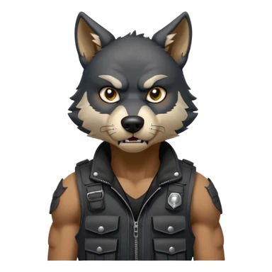 A black anthropomorphic wolf with white marks, he is wearing a muzzle, and his ears are standing up with a variety of piercings. He has a black tactical vest on, and he is in a grumpy mood, his arms just hanging by his side sticker